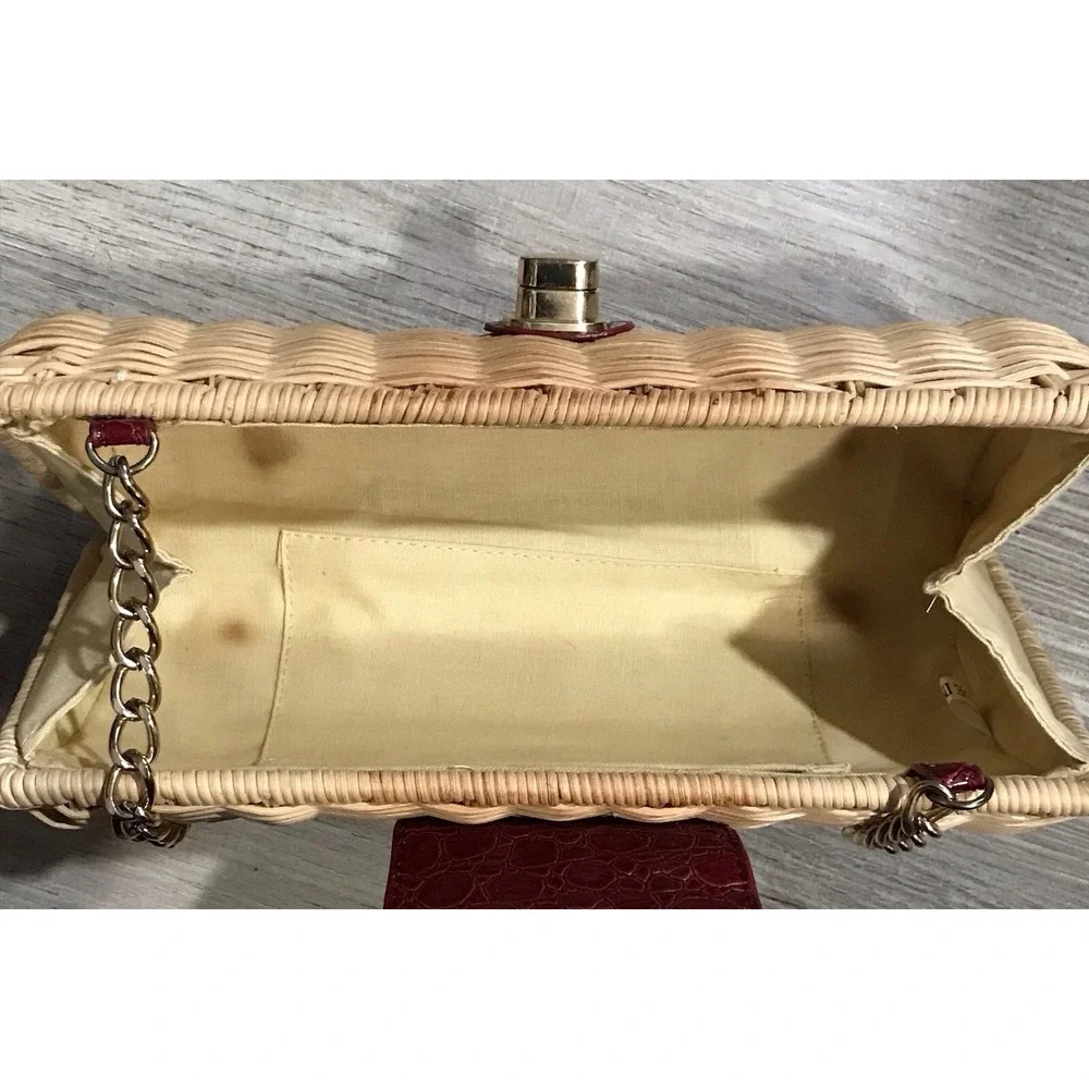 Vintage Straw Woven Handbag Red Leather Accents with Gold Chain